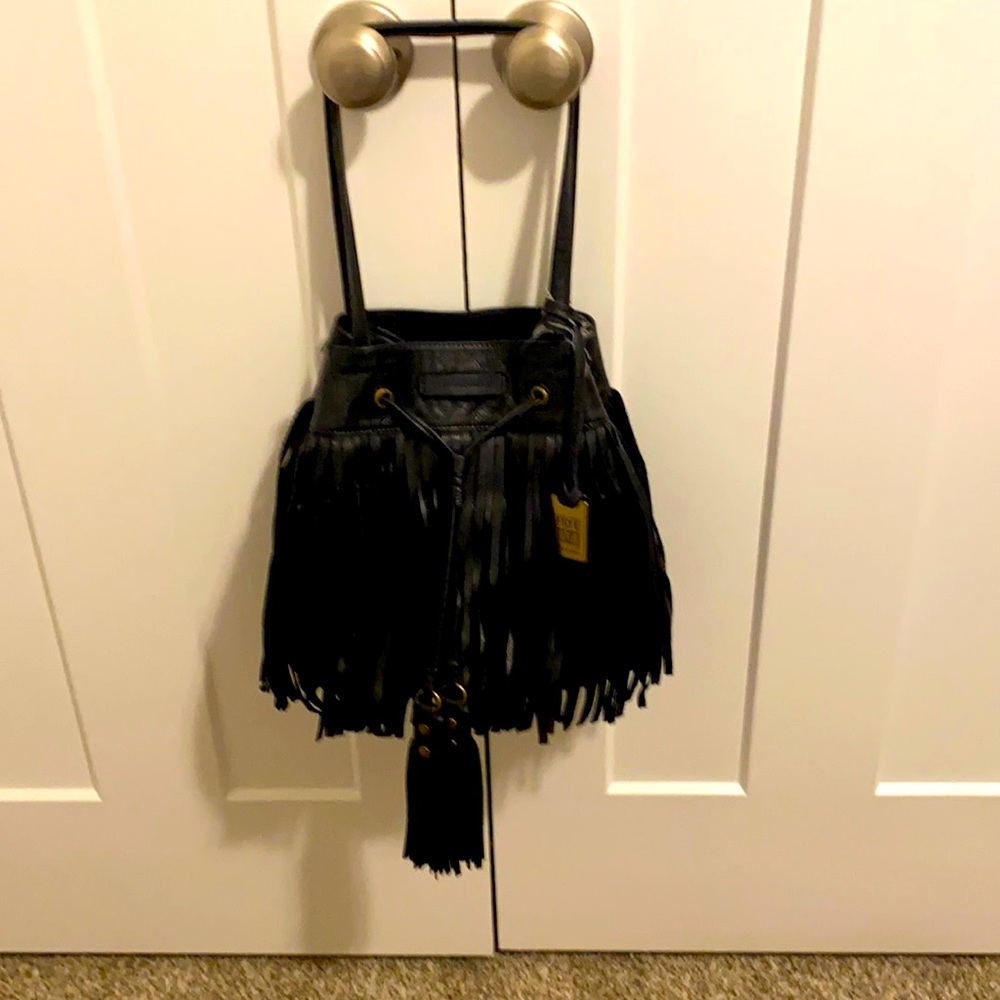 Frye black leather fringe bucket bag medium size